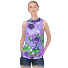 Purple Flower Nature High Neck Satin Top