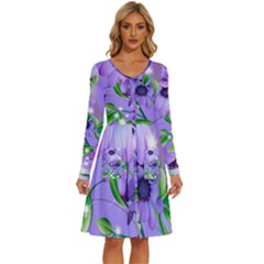 Purple Flower Nature Long Sleeve Dress With Pocket