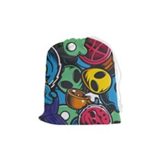 Funky Alien Pattern Abstract Colourful Drawing Drawstring Pouch (medium)