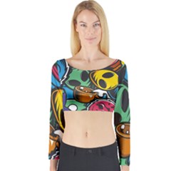 Funky Alien Pattern Abstract Colourful Drawing Long Sleeve Crop Top