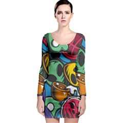 Funky Alien Pattern Abstract Colourful Drawing Long Sleeve Bodycon Dress