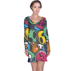 Funky Alien Pattern Abstract Colourful Drawing Long Sleeve Nightdress