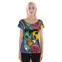 Funky Alien Pattern Abstract Colourful Drawing Cap Sleeve Top