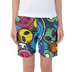 Funky Alien Pattern Abstract Colourful Drawing Women s Basketball Shorts