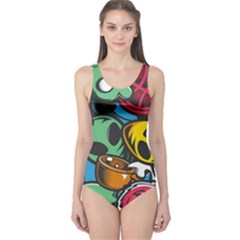 Funky Alien Pattern Abstract Colourful Drawing One Piece Swimsuit by Posterlux