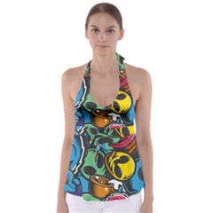 Funky Alien Pattern Abstract Colourful Drawing Tie Back Tankini Top by Posterlux