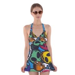 Funky Alien Pattern Abstract Colourful Drawing Halter Dress Swimsuit 