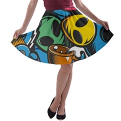 Funky Alien Pattern Abstract Colourful Drawing A-line Skater Skirt