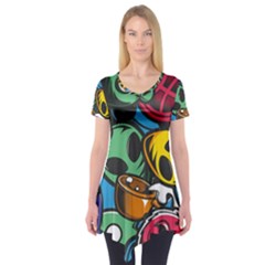 Funky Alien Pattern Abstract Colourful Drawing Short Sleeve Tunic 