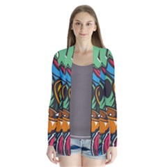 Funky Alien Pattern Abstract Colourful Drawing Drape Collar Cardigan