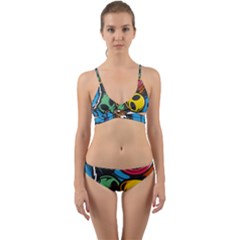 Funky Alien Pattern Abstract Colourful Drawing Wrap Around Bikini Set