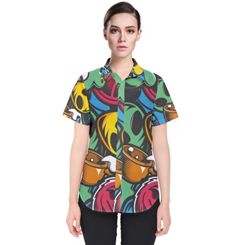 Funky Alien Pattern Abstract Colourful Drawing Women s Short Sleeve Shirt by Posterlux