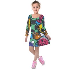 Funky Alien Pattern Abstract Colourful Drawing Kids  Long Sleeve Velvet Dress by Posterlux