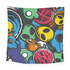 Funky Alien Pattern Abstract Colourful Drawing Square Tapestry (large) by Posterlux