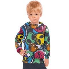 Funky Alien Pattern Abstract Colourful Drawing Kids  Hooded Pullover by Posterlux