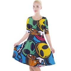 Funky Alien Pattern Abstract Colourful Drawing Quarter Sleeve A-line Dress With Pockets by Posterlux