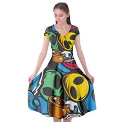 Funky Alien Pattern Abstract Colourful Drawing Cap Sleeve Wrap Front Dress