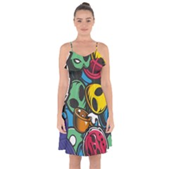 Funky Alien Pattern Abstract Colourful Drawing Ruffle Detail Chiffon Dress