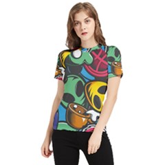 Funky Alien Pattern Abstract Colourful Drawing Women s Short Sleeve Rash Guard by Posterlux