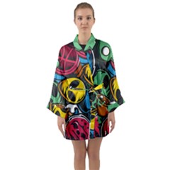 Funky Alien Pattern Abstract Colourful Drawing Long Sleeve Satin Kimono