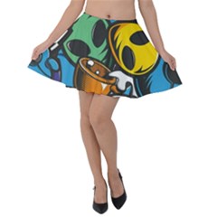 Funky Alien Pattern Abstract Colourful Drawing Velvet Skater Skirt