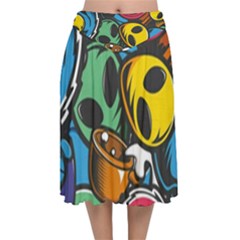 Funky Alien Pattern Abstract Colourful Drawing Velvet Flared Midi Skirt