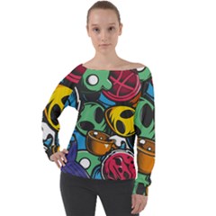 Funky Alien Pattern Abstract Colourful Drawing Off Shoulder Long Sleeve Velour Top