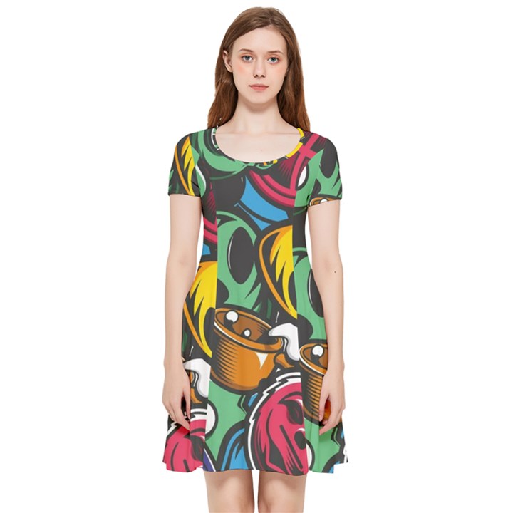 Funky Alien Pattern Abstract Colourful Drawing Inside Out Cap Sleeve Dress