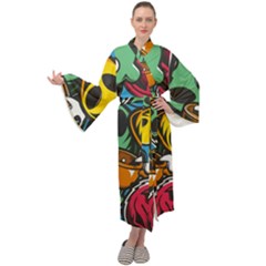 Funky Alien Pattern Abstract Colourful Drawing Maxi Velvet Kimono