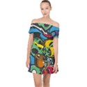 Funky Alien Pattern Abstract Colourful Drawing Off Shoulder Chiffon Dress View1