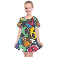 Funky Alien Pattern Abstract Colourful Drawing Kids  Smock Dress