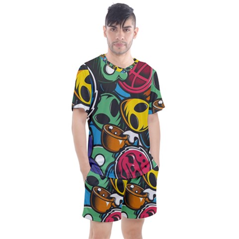 Funky Alien Pattern Abstract Colourful Drawing Men s Mesh T-shirt And Shorts Set by Posterlux