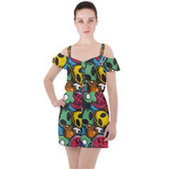 Funky Alien Pattern Abstract Colourful Drawing Ruffle Cut Out Chiffon Playsuit