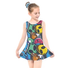 Funky Alien Pattern Abstract Colourful Drawing Kids  Skater Dress Swimsuit