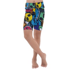 Funky Alien Pattern Abstract Colourful Drawing Kids  Lightweight Velour Cropped Yoga Leggings