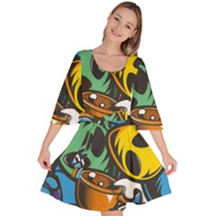 Funky Alien Pattern Abstract Colourful Drawing Velour Kimono Dress