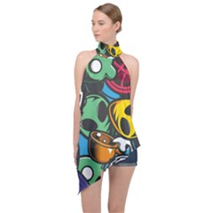 Funky Alien Pattern Abstract Colourful Drawing Halter Asymmetric Satin Top by Posterlux