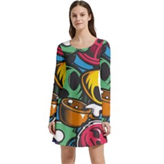 Funky Alien Pattern Abstract Colourful Drawing Long Sleeve Velour Skater Dress by Posterlux