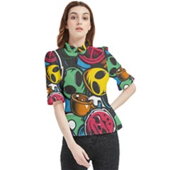 Funky Alien Pattern Abstract Colourful Drawing Frill Neck Blouse