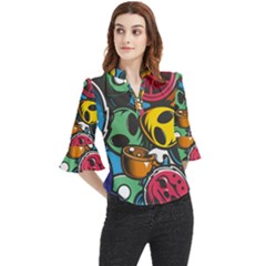 Funky Alien Pattern Abstract Colourful Drawing Loose Horn Sleeve Chiffon Blouse