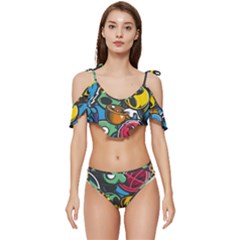 Funky Alien Pattern Abstract Colourful Drawing Ruffle Edge Tie Up Bikini Set	 by Posterlux