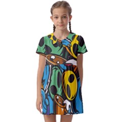 Funky Alien Pattern Abstract Colourful Drawing Kids  Asymmetric Collar Dress