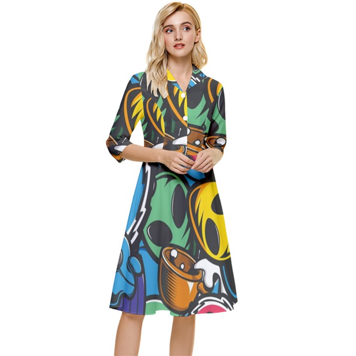 Funky Alien Pattern Abstract Colourful Drawing Classy Knee Length Dress