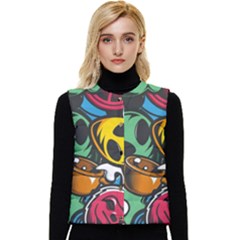 Funky Alien Pattern Abstract Colourful Drawing Women s Button Up Puffer Vest by Posterlux