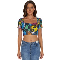 Funky Alien Pattern Abstract Colourful Drawing Short Sleeve Square Neckline Crop Top  by Posterlux