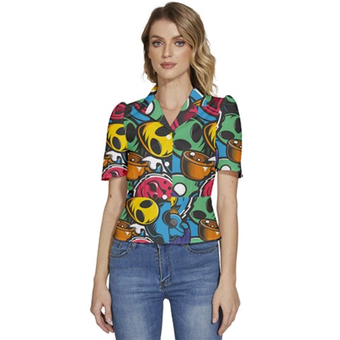 Funky Alien Pattern Abstract Colourful Drawing Puffed Short Sleeve Button Up Jacket by Posterlux