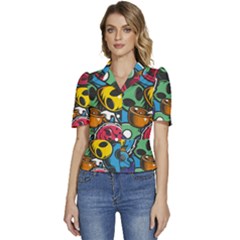 Funky Alien Pattern Abstract Colourful Drawing Puffed Short Sleeve Button Up Jacket