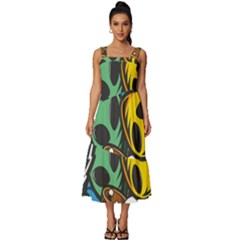 Funky Alien Pattern Abstract Colourful Drawing Square Neckline Tiered Midi Dress