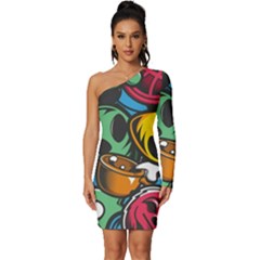 Funky Alien Pattern Abstract Colourful Drawing Long Sleeve One Shoulder Mini Dress