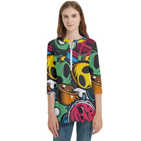 Funky Alien Pattern Abstract Colourful Drawing Women s Zip Front V-neck 3/4 Sleeve Casual Top Pocket Shirt by Posterlux